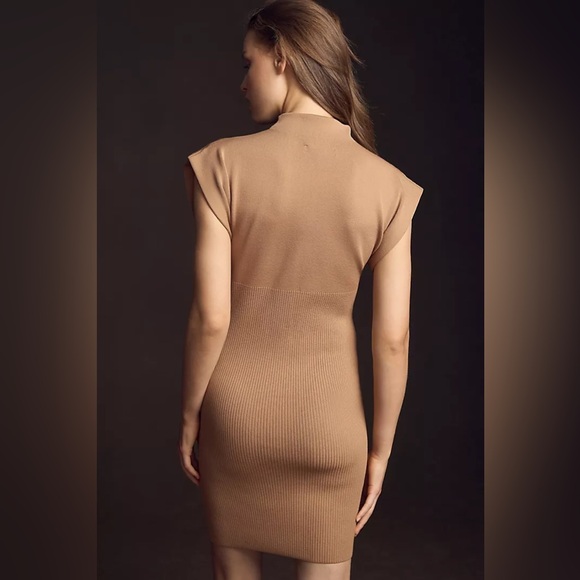 ANTHROPOLOGIE Mock Neck Ribbed Knit Mini Dress Size Small Neutral Beige S NWT - Picture 3 of 6